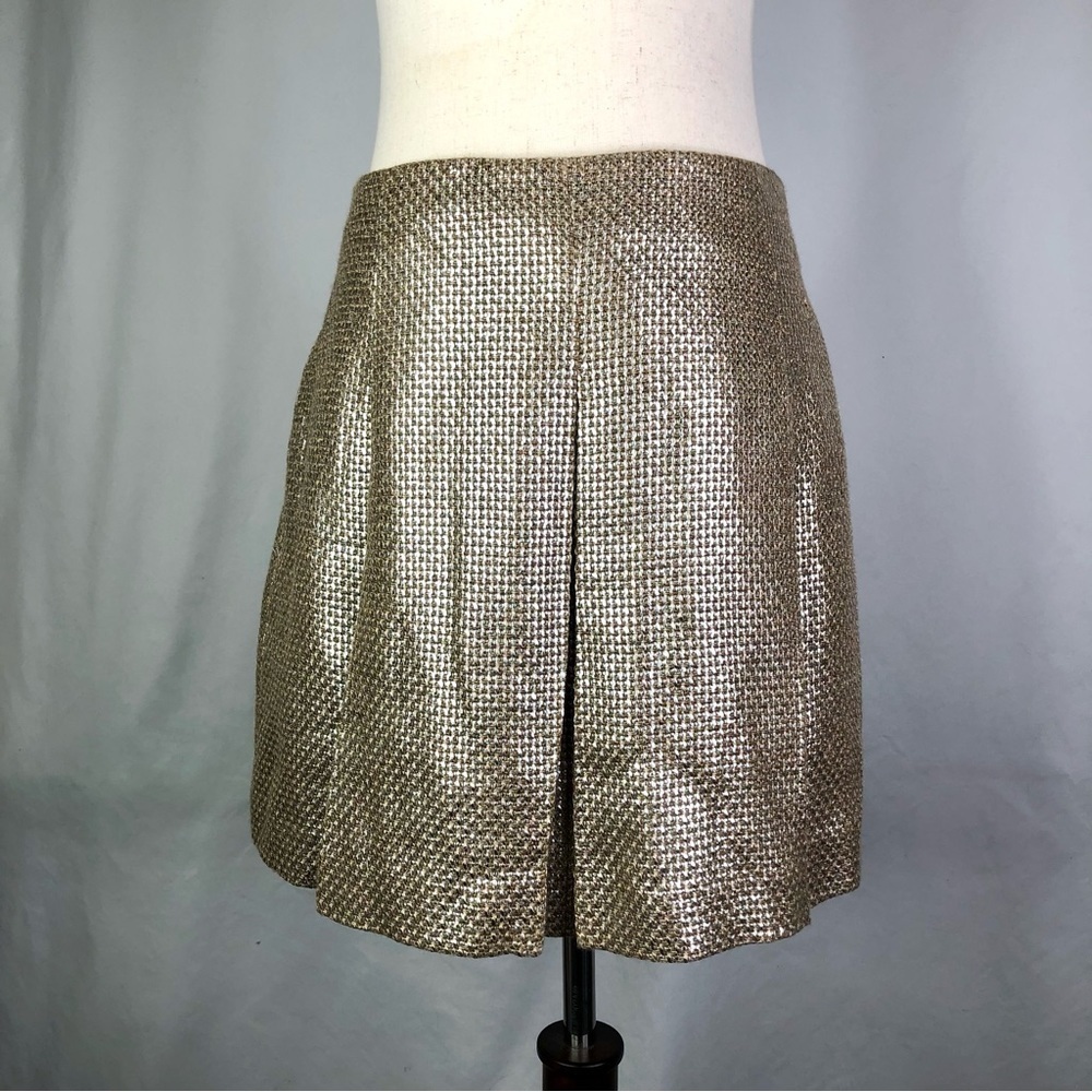 Banana Republic mini skirt a-line box pleats tan metallic silver rustic weave 4